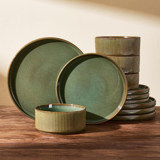 Stoneware Dinnerware Set for 4, Reactive Glaze, Moss Green | 12 pcs Ceramic Plates and Bowls, Handmade Ribbed Dishes, Everyday Use, Microwave & Dishwasher Safe, Chip & Scratch Resistant