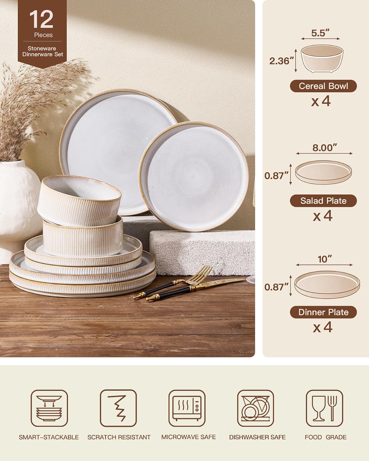 Stoneware Dinnerware Set for 4, Reactive Glaze, Moss Green | 12 pcs Ceramic Plates and Bowls, Handmade Ribbed Dishes, Everyday Use, Microwave & Dishwasher Safe, Chip & Scratch Resistant