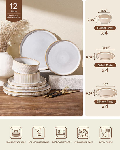 Stoneware Dinnerware Set for 4, Reactive Glaze, Moss Green | 12 pcs Ceramic Plates and Bowls, Handmade Ribbed Dishes, Everyday Use, Microwave & Dishwasher Safe, Chip & Scratch Resistant