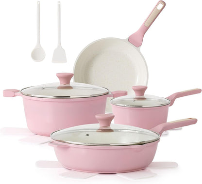 Nonstick Ceramic Cookware Set, 13-pcs Non-toxic Pots and Pans Set | Healthy Kitchen Cooking Set with Stay-Cool Handles, Silicone Tools and Pot Protectors, PFAS Free
