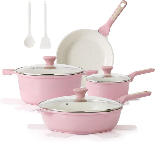Nonstick Ceramic Cookware Set, 13-pcs Non-toxic Pots and Pans Set | Healthy Kitchen Cooking Set with Stay-Cool Handles, Silicone Tools and Pot Protectors, PFAS Free