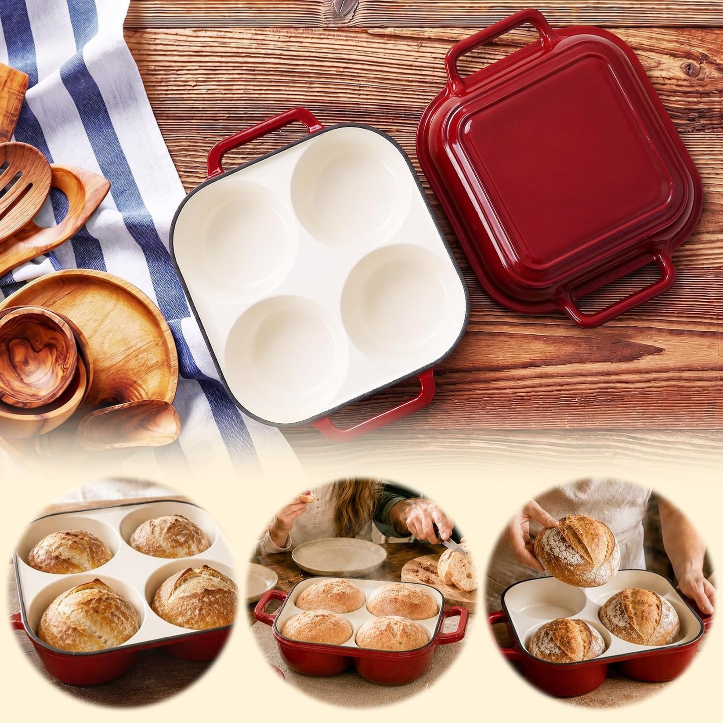 Enamel Cast Iron Bread Baker with 4 Loaf Cavities, Dutch Oven for Sourdough Bread Baking, 500°F Oven Safe Bread Pan with Nonstick Enamel Coating for Artisan Mini Loaves