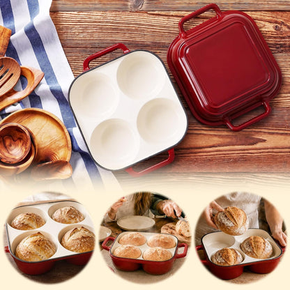Enamel Cast Iron Bread Baker with 4 Loaf Cavities, Dutch Oven for Sourdough Bread Baking, 500°F Oven Safe Bread Pan with Nonstick Enamel Coating for Artisan Mini Loaves