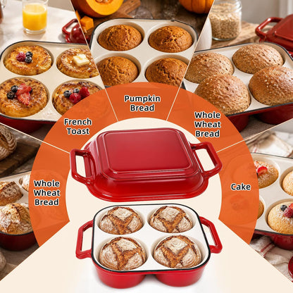 Enamel Cast Iron Bread Baker with 4 Loaf Cavities, Dutch Oven for Sourdough Bread Baking, 500°F Oven Safe Bread Pan with Nonstick Enamel Coating for Artisan Mini Loaves