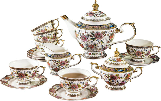 Tea Set for Adults, Bone China Tea Set with Cups, Tea Cup Set Vintage Floral Porcelain Tea Set for 6, Vintage Floral Tea Cup Set With Teapot, Tea Party Sets for Women Gift
