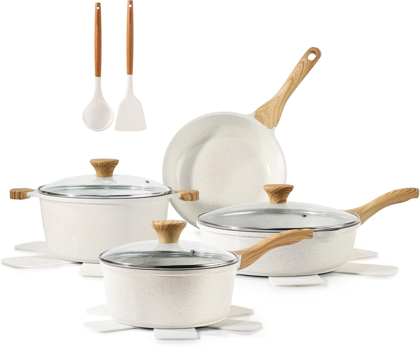 Nonstick Ceramic Cookware Set, 13-pcs Non-toxic Pots and Pans Set | Healthy Kitchen Cooking Set with Stay-Cool Handles, Silicone Tools and Pot Protectors, PFAS Free