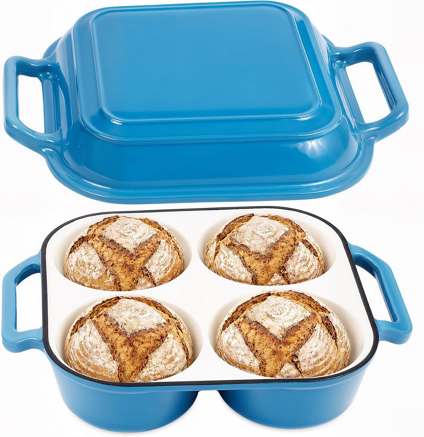 Enamel Cast Iron Bread Baker with 4 Loaf Cavities, Dutch Oven for Sourdough Bread Baking, 500°F Oven Safe Bread Pan with Nonstick Enamel Coating for Artisan Mini Loaves