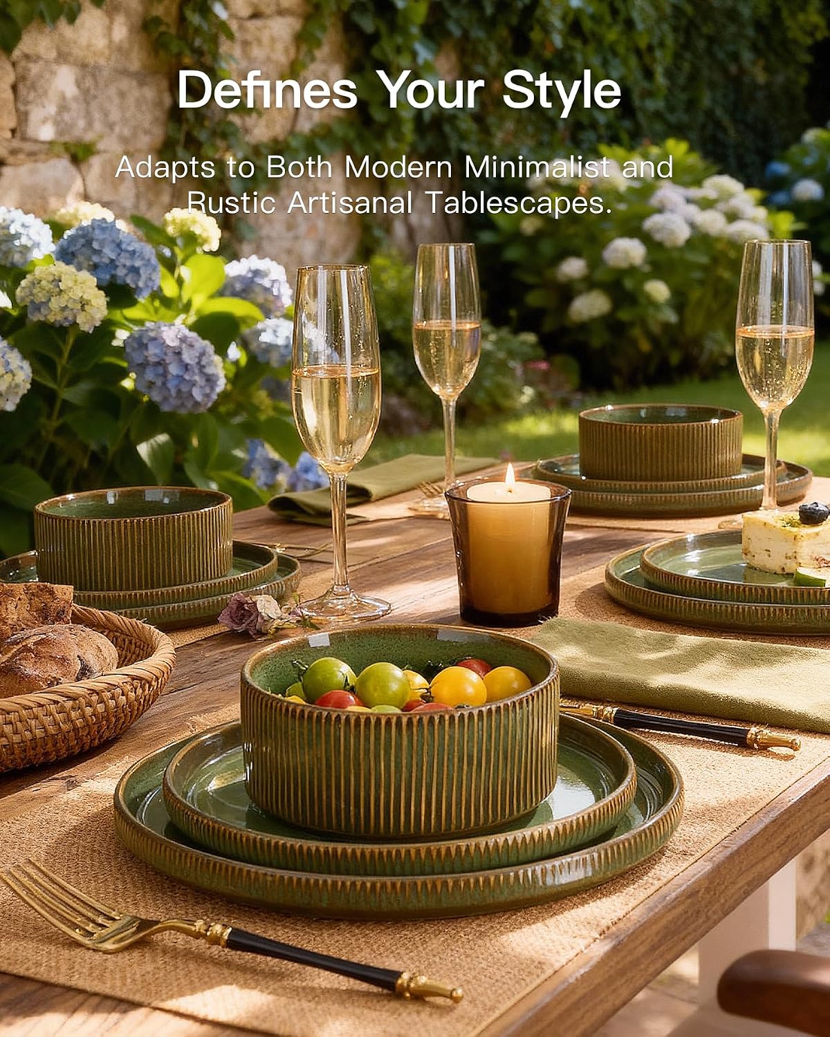 Stoneware Dinnerware Set for 4, Reactive Glaze, Moss Green | 12 pcs Ceramic Plates and Bowls, Handmade Ribbed Dishes, Everyday Use, Microwave & Dishwasher Safe, Chip & Scratch Resistant