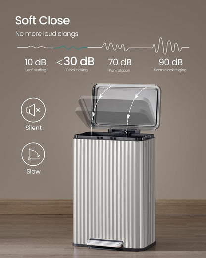 Trash Can, 13 Gallon (50 L) Garbage Can for Kitchen, with Lid, Pedal, and Removable Inner Bucket, Soft Close, Stainless Steel