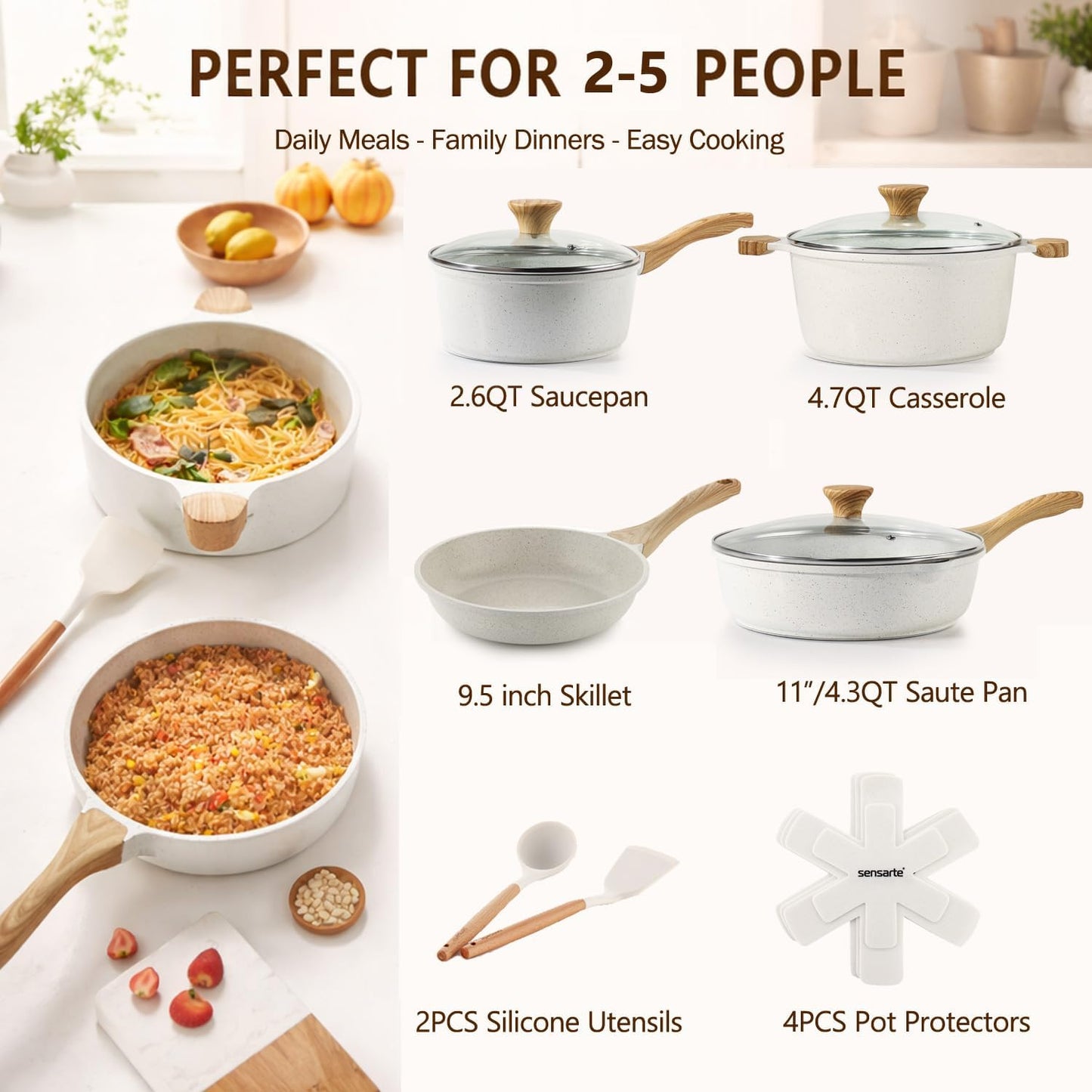 Nonstick Ceramic Cookware Set, 13-pcs Non-toxic Pots and Pans Set | Healthy Kitchen Cooking Set with Stay-Cool Handles, Silicone Tools and Pot Protectors, PFAS Free