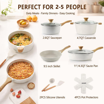 Nonstick Ceramic Cookware Set, 13-pcs Non-toxic Pots and Pans Set | Healthy Kitchen Cooking Set with Stay-Cool Handles, Silicone Tools and Pot Protectors, PFAS Free