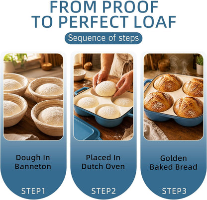 Enamel Cast Iron Bread Baker with 4 Loaf Cavities, Dutch Oven for Sourdough Bread Baking, 500°F Oven Safe Bread Pan with Nonstick Enamel Coating for Artisan Mini Loaves