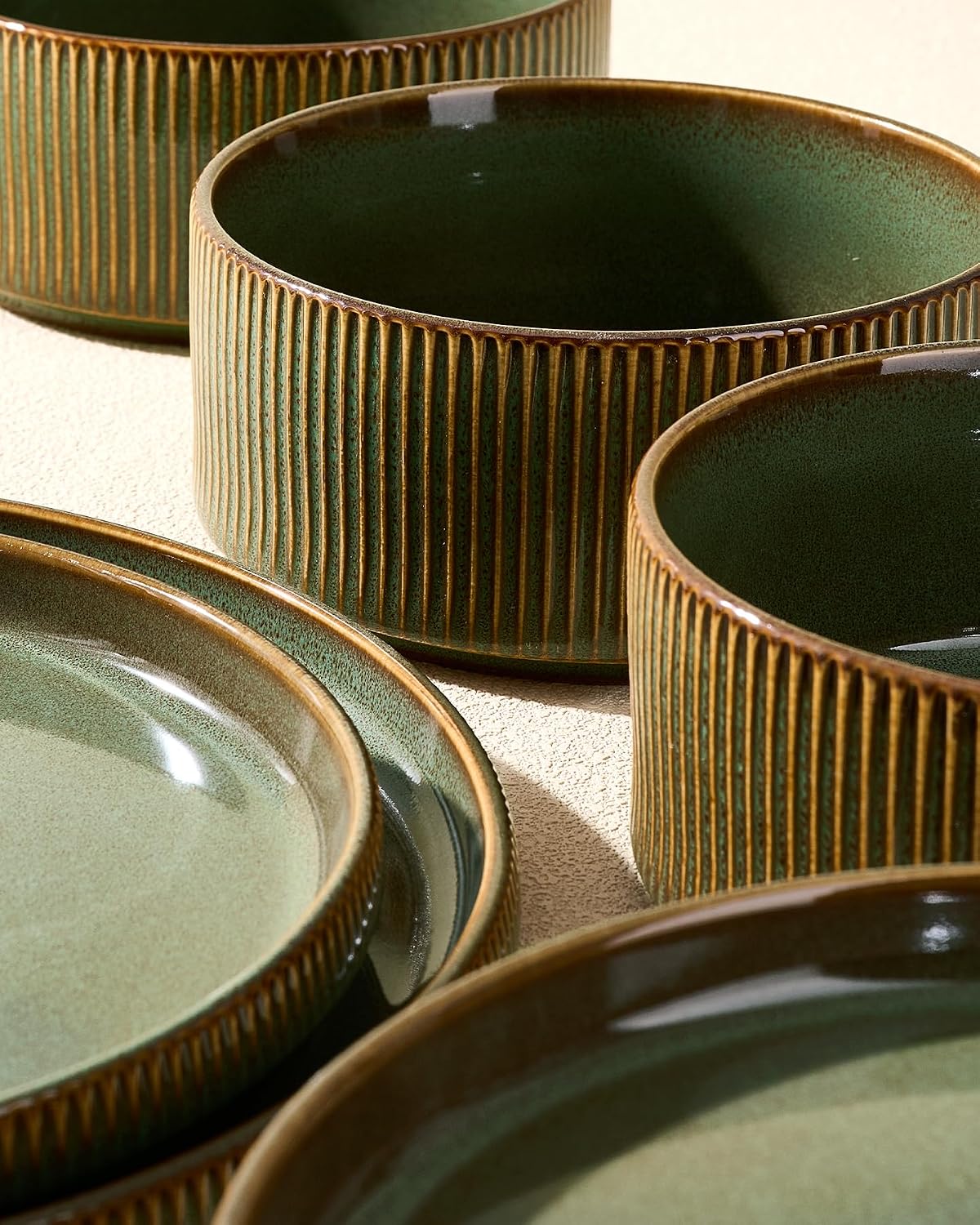 Stoneware Dinnerware Set for 4, Reactive Glaze, Moss Green | 12 pcs Ceramic Plates and Bowls, Handmade Ribbed Dishes, Everyday Use, Microwave & Dishwasher Safe, Chip & Scratch Resistant