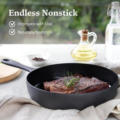12 Inch Smooth Cast Iron Skillet - Naturally Non-Stick, Pre-Seasoned Frying Pan, Smooth Finish for Grilling, Frying, Sauteing, Searing, Baking - Use on Oven, Stove, Grill, or Campfire