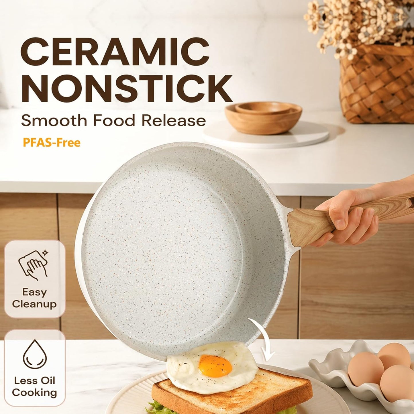 Nonstick Ceramic Cookware Set, 13-pcs Non-toxic Pots and Pans Set | Healthy Kitchen Cooking Set with Stay-Cool Handles, Silicone Tools and Pot Protectors, PFAS Free