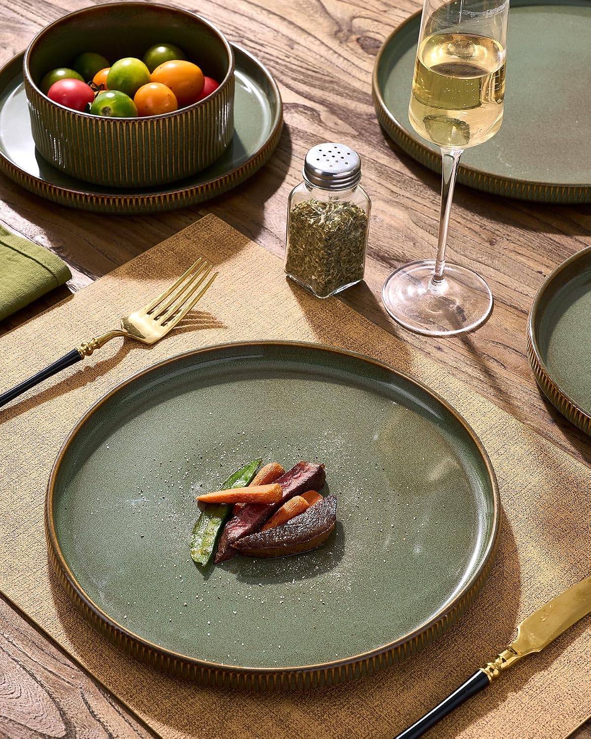 Stoneware Dinnerware Set for 4, Reactive Glaze, Moss Green | 12 pcs Ceramic Plates and Bowls, Handmade Ribbed Dishes, Everyday Use, Microwave & Dishwasher Safe, Chip & Scratch Resistant