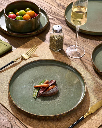 Stoneware Dinnerware Set for 4, Reactive Glaze, Moss Green | 12 pcs Ceramic Plates and Bowls, Handmade Ribbed Dishes, Everyday Use, Microwave & Dishwasher Safe, Chip & Scratch Resistant