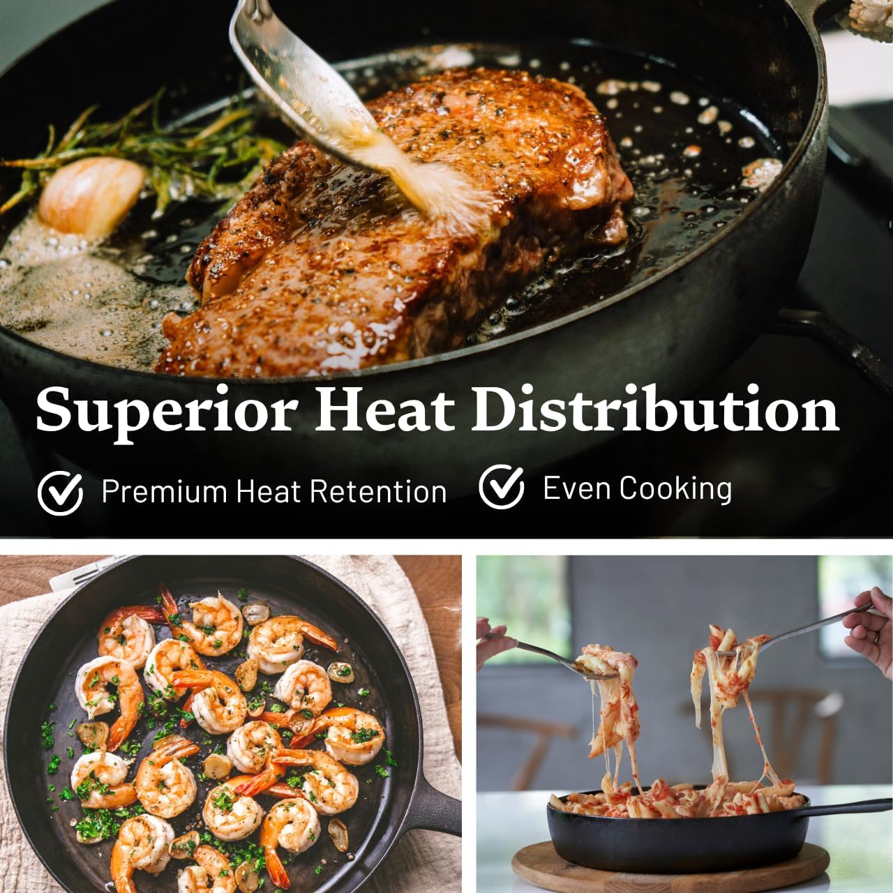 12 Inch Smooth Cast Iron Skillet - Naturally Non-Stick, Pre-Seasoned Frying Pan, Smooth Finish for Grilling, Frying, Sauteing, Searing, Baking - Use on Oven, Stove, Grill, or Campfire