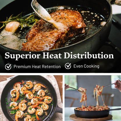 12 Inch Smooth Cast Iron Skillet - Naturally Non-Stick, Pre-Seasoned Frying Pan, Smooth Finish for Grilling, Frying, Sauteing, Searing, Baking - Use on Oven, Stove, Grill, or Campfire