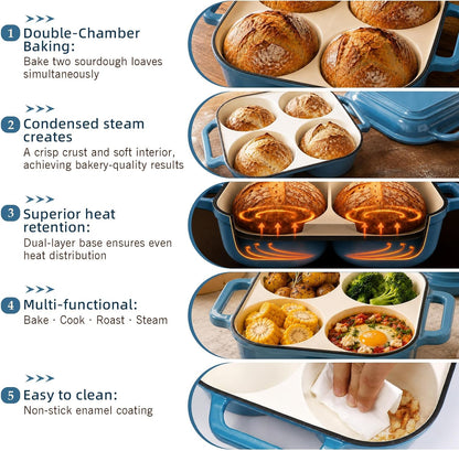 Enamel Cast Iron Bread Baker with 4 Loaf Cavities, Dutch Oven for Sourdough Bread Baking, 500°F Oven Safe Bread Pan with Nonstick Enamel Coating for Artisan Mini Loaves