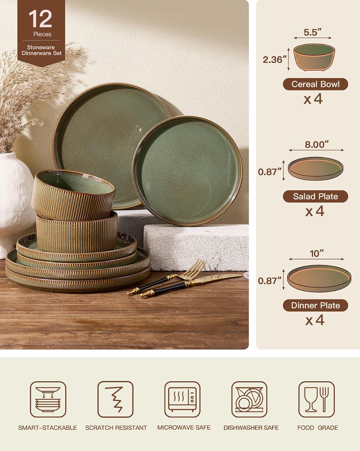 Stoneware Dinnerware Set for 4, Reactive Glaze, Moss Green | 12 pcs Ceramic Plates and Bowls, Handmade Ribbed Dishes, Everyday Use, Microwave & Dishwasher Safe, Chip & Scratch Resistant