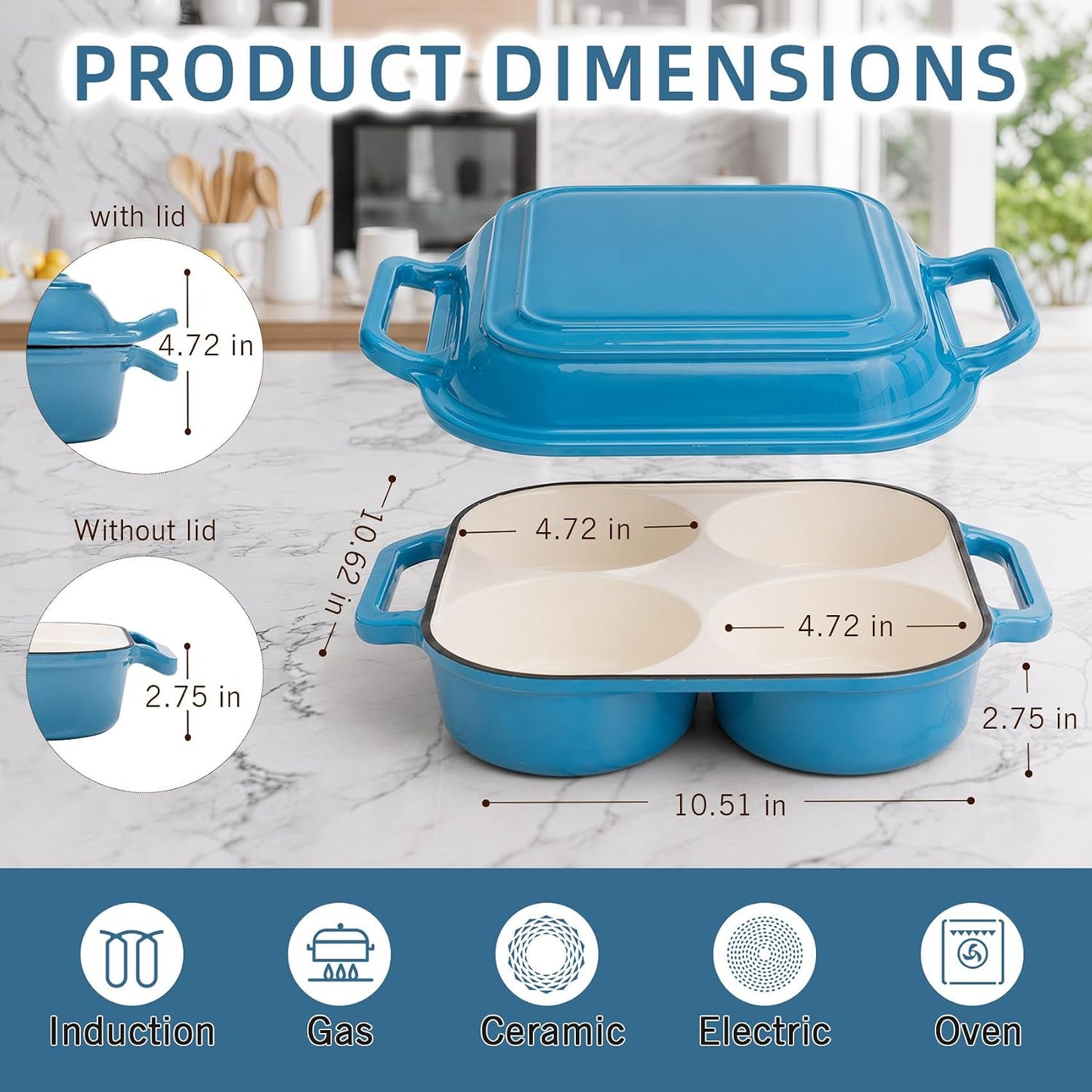 Enamel Cast Iron Bread Baker with 4 Loaf Cavities, Dutch Oven for Sourdough Bread Baking, 500°F Oven Safe Bread Pan with Nonstick Enamel Coating for Artisan Mini Loaves