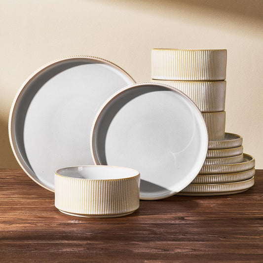 Stoneware Dinnerware Set for 4, Reactive Glaze, Moss Green | 12 pcs Ceramic Plates and Bowls, Handmade Ribbed Dishes, Everyday Use, Microwave & Dishwasher Safe, Chip & Scratch Resistant