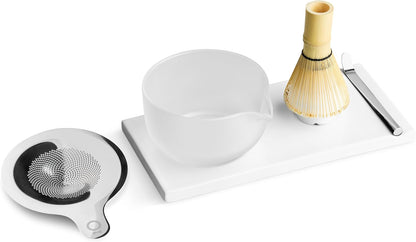 Matcha Set, 6-Piece Ceramic Matcha Bowl Kit with Display Tray | Bamboo Whisk with Stand, Steel Sifter and Spoon, Pour Spout Bowl, Dishwasher Safe, for Home and Ceremony