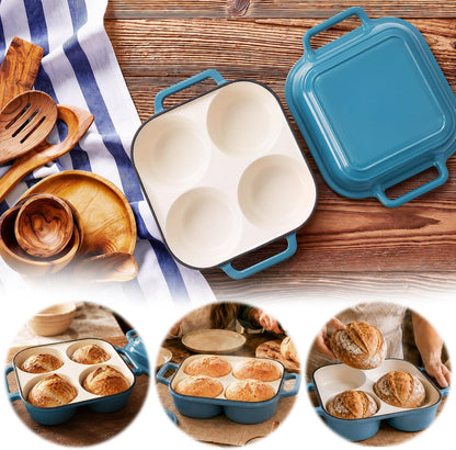 Enamel Cast Iron Bread Baker with 4 Loaf Cavities, Dutch Oven for Sourdough Bread Baking, 500°F Oven Safe Bread Pan with Nonstick Enamel Coating for Artisan Mini Loaves