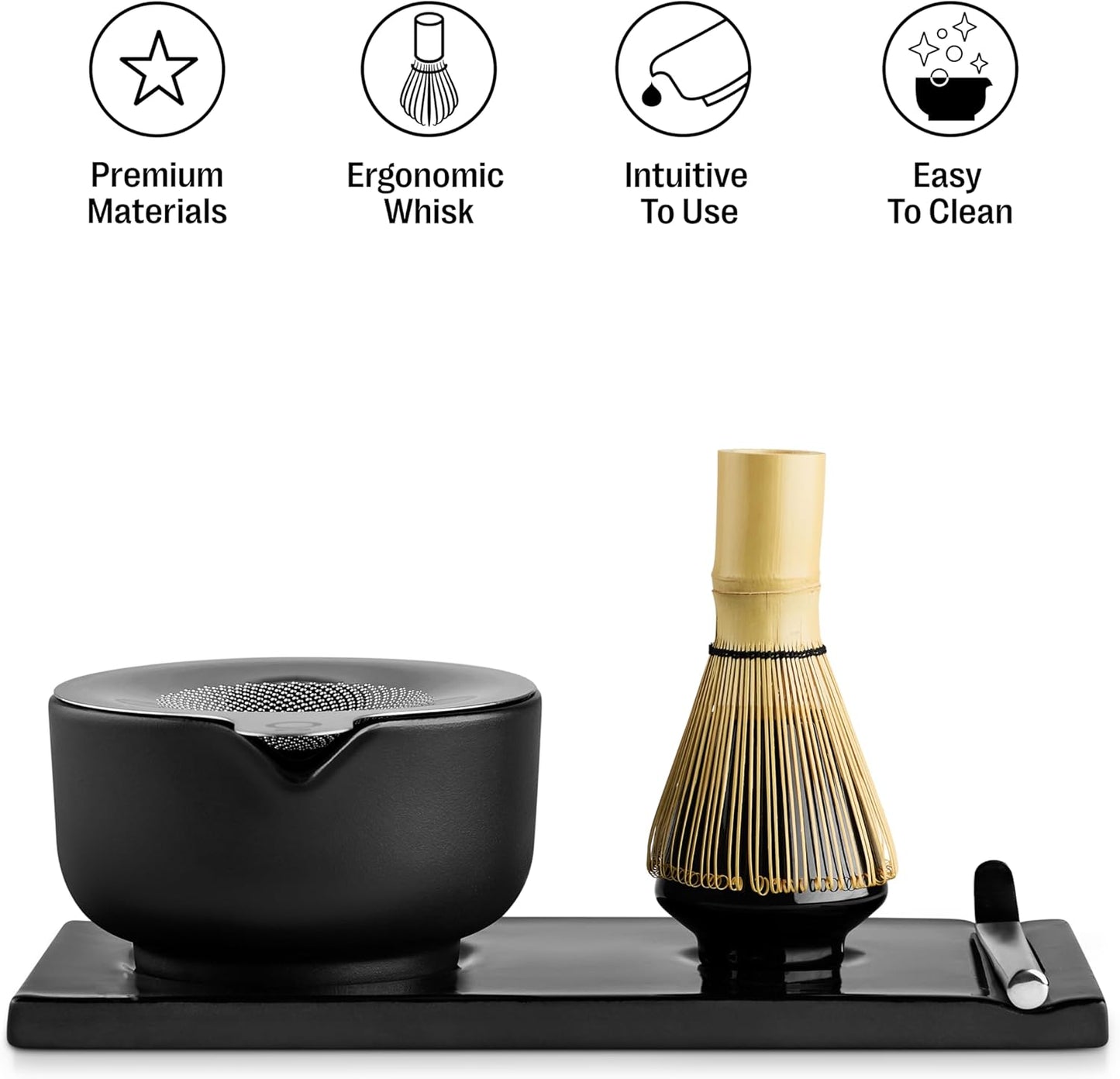 Matcha Set, 6-Piece Ceramic Matcha Bowl Kit with Display Tray | Bamboo Whisk with Stand, Steel Sifter and Spoon, Pour Spout Bowl, Dishwasher Safe, for Home and Ceremony