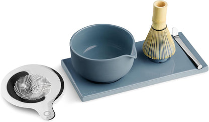 Matcha Set, 6-Piece Ceramic Matcha Bowl Kit with Display Tray | Bamboo Whisk with Stand, Steel Sifter and Spoon, Pour Spout Bowl, Dishwasher Safe, for Home and Ceremony