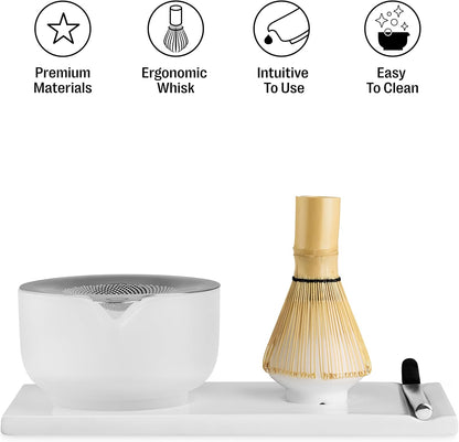 Matcha Set, 6-Piece Ceramic Matcha Bowl Kit with Display Tray | Bamboo Whisk with Stand, Steel Sifter and Spoon, Pour Spout Bowl, Dishwasher Safe, for Home and Ceremony