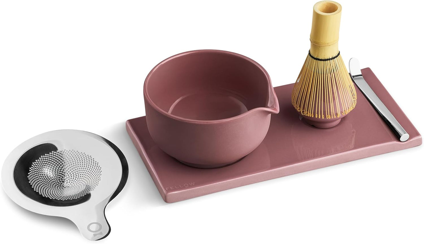 Matcha Set, 6-Piece Ceramic Matcha Bowl Kit with Display Tray | Bamboo Whisk with Stand, Steel Sifter and Spoon, Pour Spout Bowl, Dishwasher Safe, for Home and Ceremony