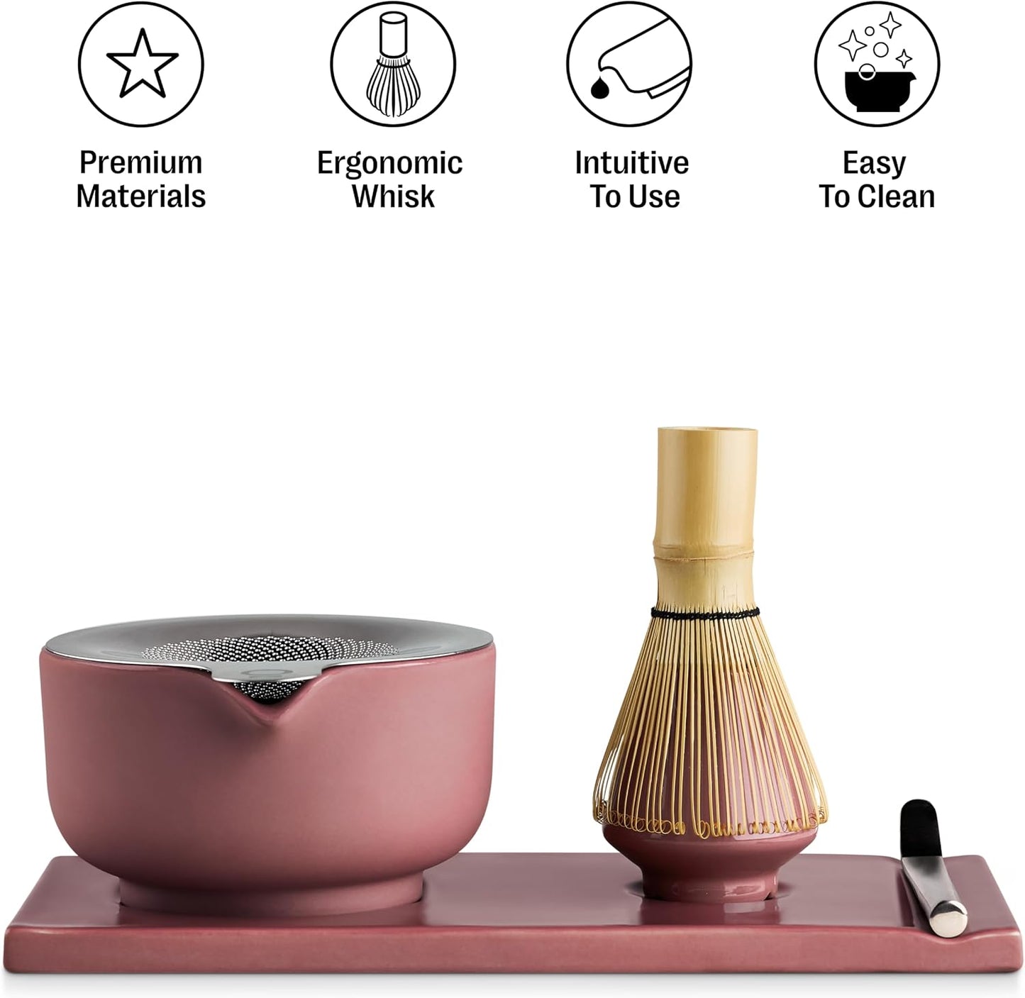 Matcha Set, 6-Piece Ceramic Matcha Bowl Kit with Display Tray | Bamboo Whisk with Stand, Steel Sifter and Spoon, Pour Spout Bowl, Dishwasher Safe, for Home and Ceremony