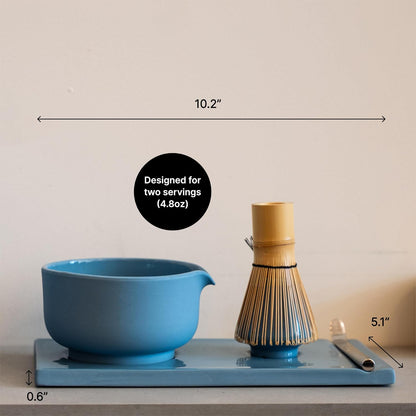 Matcha Set, 6-Piece Ceramic Matcha Bowl Kit with Display Tray | Bamboo Whisk with Stand, Steel Sifter and Spoon, Pour Spout Bowl, Dishwasher Safe, for Home and Ceremony