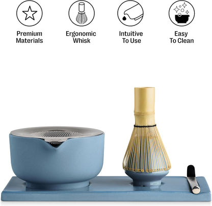 Matcha Set, 6-Piece Ceramic Matcha Bowl Kit with Display Tray | Bamboo Whisk with Stand, Steel Sifter and Spoon, Pour Spout Bowl, Dishwasher Safe, for Home and Ceremony