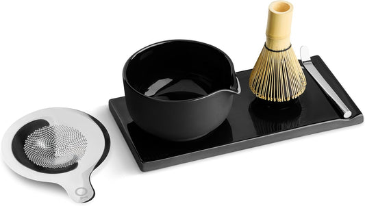 Matcha Set, 6-Piece Ceramic Matcha Bowl Kit with Display Tray | Bamboo Whisk with Stand, Steel Sifter and Spoon, Pour Spout Bowl, Dishwasher Safe, for Home and Ceremony