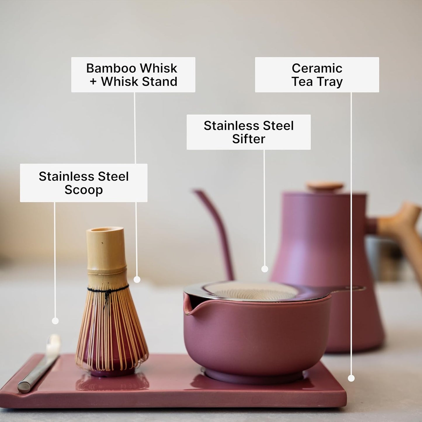 Matcha Set, 6-Piece Ceramic Matcha Bowl Kit with Display Tray | Bamboo Whisk with Stand, Steel Sifter and Spoon, Pour Spout Bowl, Dishwasher Safe, for Home and Ceremony