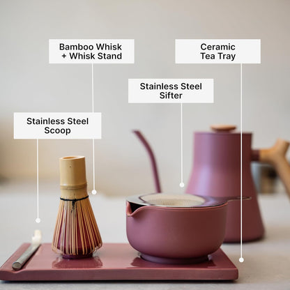Matcha Set, 6-Piece Ceramic Matcha Bowl Kit with Display Tray | Bamboo Whisk with Stand, Steel Sifter and Spoon, Pour Spout Bowl, Dishwasher Safe, for Home and Ceremony