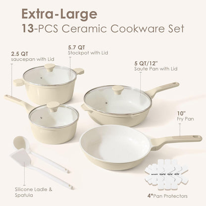 Nonstick Ceramic Cookware Set, 13-pcs Non-toxic Pots and Pans Set | Healthy Kitchen Cooking Set with Stay-Cool Handles, Silicone Tools and Pot Protectors, PFAS Free