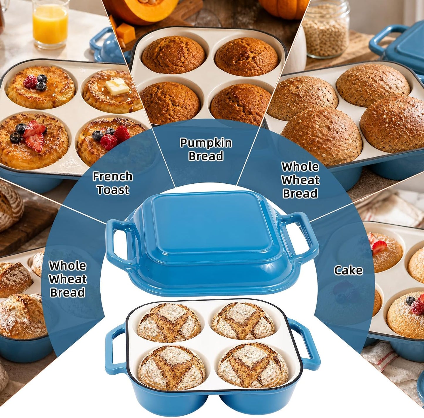 Enamel Cast Iron Bread Baker with 4 Loaf Cavities, Dutch Oven for Sourdough Bread Baking, 500°F Oven Safe Bread Pan with Nonstick Enamel Coating for Artisan Mini Loaves