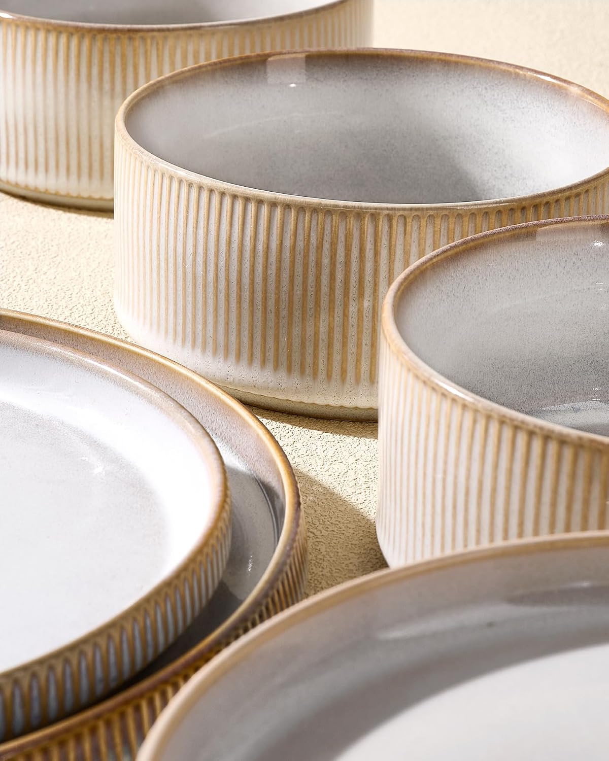 Stoneware Dinnerware Set for 4, Reactive Glaze, Moss Green | 12 pcs Ceramic Plates and Bowls, Handmade Ribbed Dishes, Everyday Use, Microwave & Dishwasher Safe, Chip & Scratch Resistant
