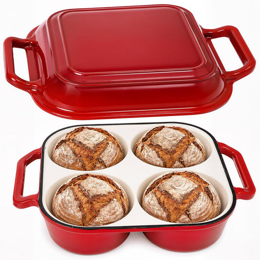 Enamel Cast Iron Bread Baker with 4 Loaf Cavities, Dutch Oven for Sourdough Bread Baking, 500°F Oven Safe Bread Pan with Nonstick Enamel Coating for Artisan Mini Loaves