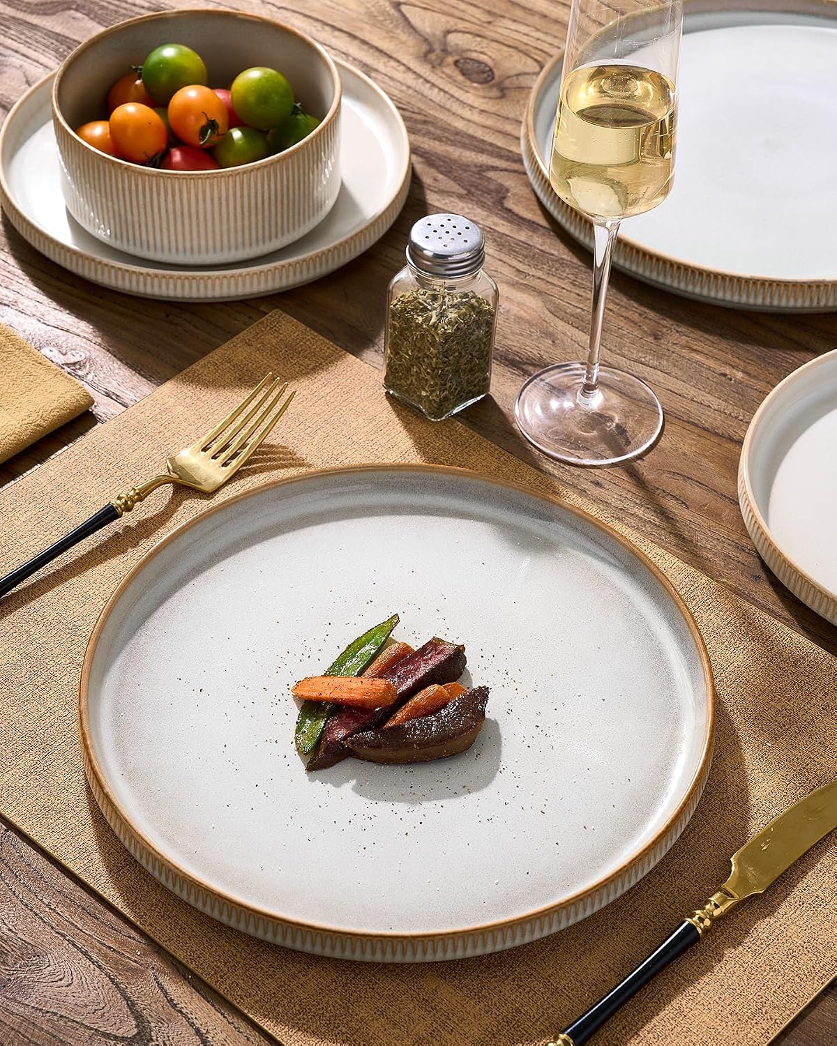 Stoneware Dinnerware Set for 4, Reactive Glaze, Moss Green | 12 pcs Ceramic Plates and Bowls, Handmade Ribbed Dishes, Everyday Use, Microwave & Dishwasher Safe, Chip & Scratch Resistant