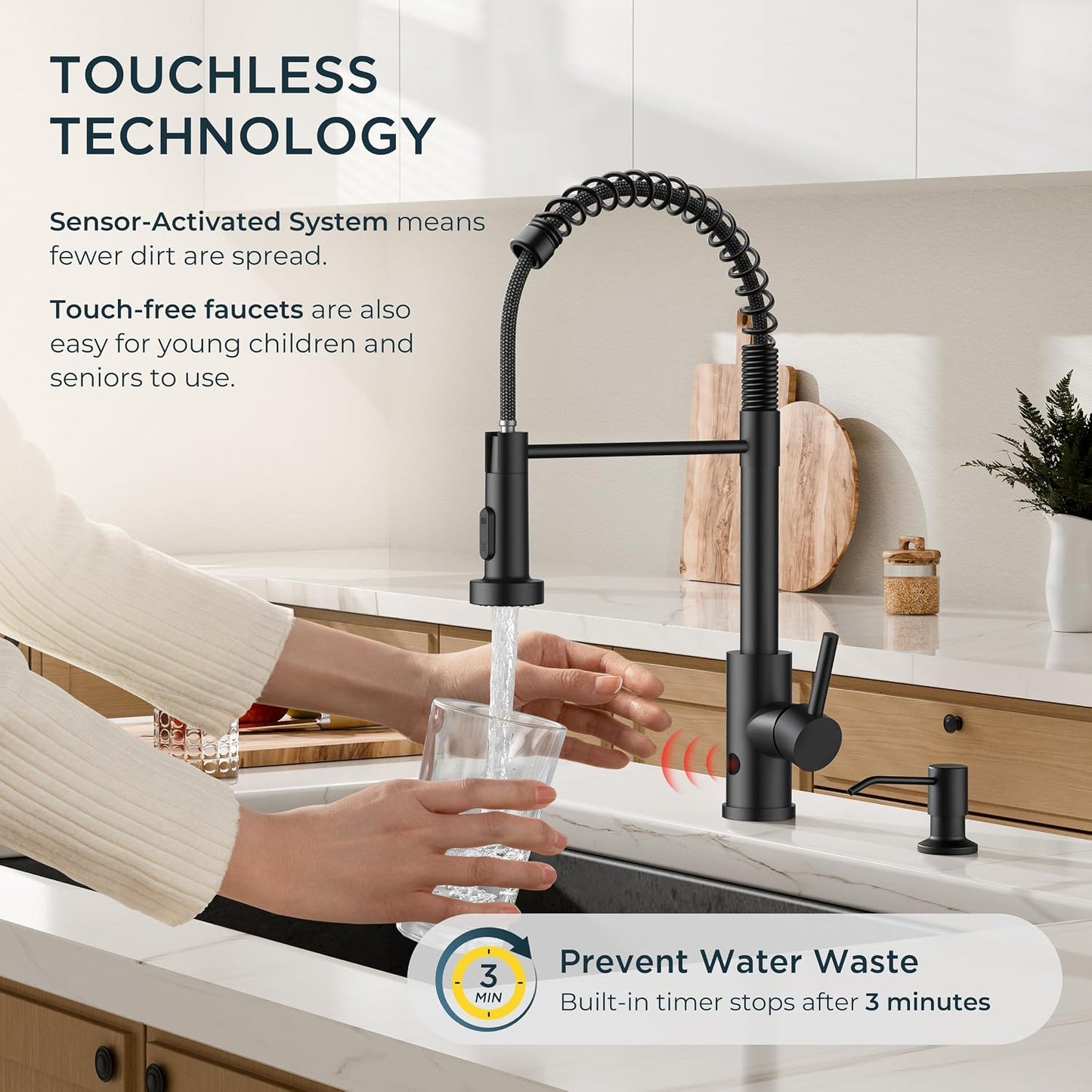 Touchless Kitchen Faucet with Soap Dispenser, Matte Black | Single Handle Stainless Steel, Smart Hands-Free Sink Faucet with Pull Down Sprayer for Camper Rv Bar, Motion Sensor Activated