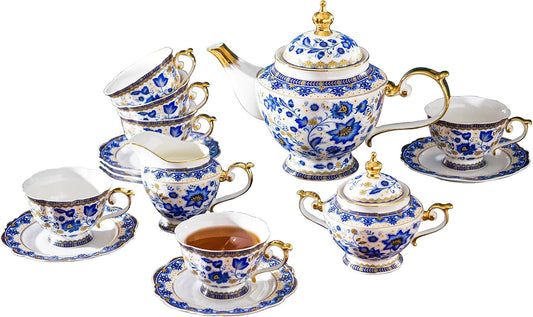 Tea Set for Adults, Bone China Tea Set with Cups, Tea Cup Set Vintage Floral Porcelain Tea Set for 6, Vintage Floral Tea Cup Set With Teapot, Tea Party Sets for Women Gift